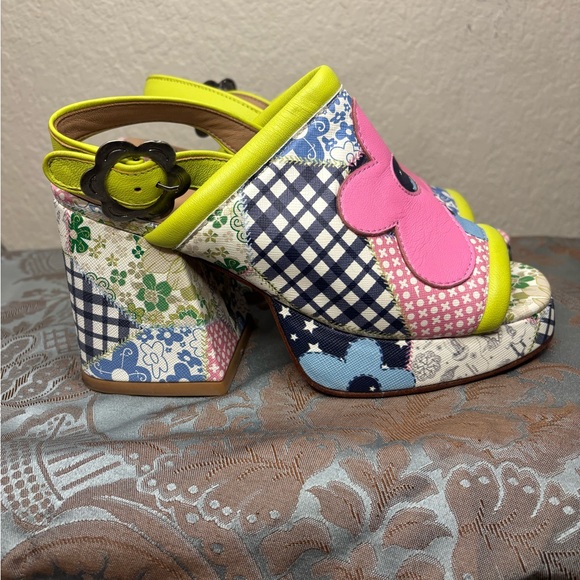 John Fluevog Picnic Riverdale Patchwork Slingback Platform Heels Size 8 - Picture 7 of 11
